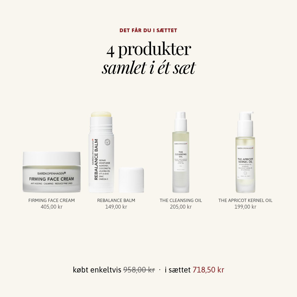 Det får du i sættet TIL DEN VINTERTØRRE HUD: FIRMING FACE CREAM, REBALANCE BALM, THE CLEANSING OIL, THE APRICOT KERNEL OIL – SARDKOPENHAGEN