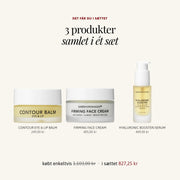 Det får du i sættet ESSENTIAL FACE: CONTOUR EYE & LIP BALM, FIRMING FACE CREAM, HYALURONIC BOOSTER/SERUM – SARDKOPENHAGEN