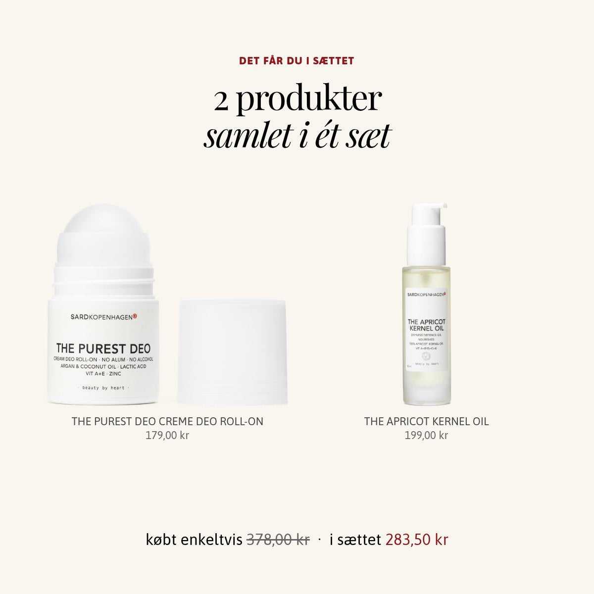 Det får du i sættet ESSENTIAL SENSITIVE BODY: THE PUREST DEO CREME DEO ROLL-ON, THE APRICOT KERNEL OIL – SARDKOPENHAGEN