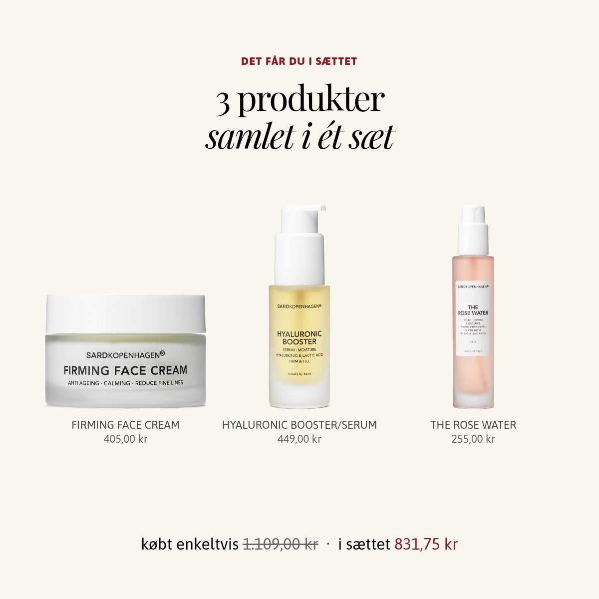 Det får du i sættet HEALTHY AGEING: FIRMING FACE CREAM, HYALURONIC BOOSTER/SERUM, THE ROSE WATER – SARDKOPENHAGEN