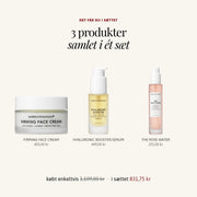 Det får du i sættet HEALTHY AGEING: FIRMING FACE CREAM, HYALURONIC BOOSTER/SERUM, THE ROSE WATER – SARDKOPENHAGEN