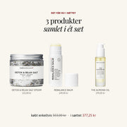 Det får du i sættet MamiMe 3 TRIMESTER: DETOX & RELAX SALT EPSOM, REBALANCE BALM, THE ALMOND OIL – SARDKOPENHAGEN
