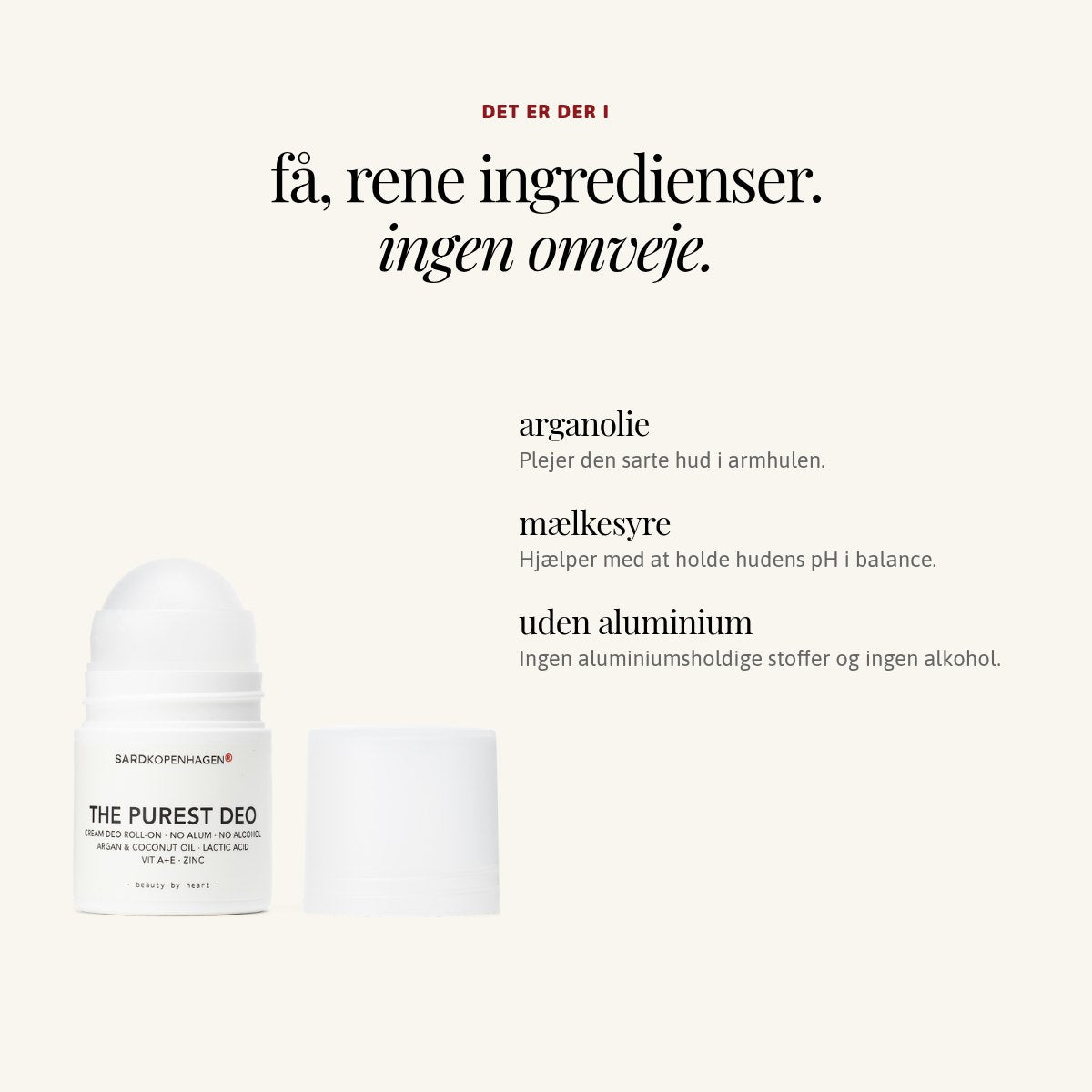 Ingredienser i THE PUREST DEO CREME DEO ROLL-ON: arganolie, mælkesyre, uden aluminium – SARDKOPENHAGEN