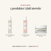 Det får du i sættet TIL DEN BLUSSENDE HUD: THE CLEANSING OIL, THE ROSE WATER og FIRMING FACE CREAM – SARDKOPENHAGEN