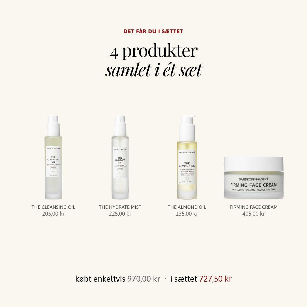 Det får du i sættet TIL DEN FUGTFATTIGE HUD: THE CLEANSING OIL, THE HYDRATE MIST, THE ALMOND OIL, FIRMING FACE CREAM – SARDKOPENHAGEN
