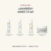 Det får du i sættet TIL DEN FUGTFATTIGE HUD: THE CLEANSING OIL, THE HYDRATE MIST, THE ALMOND OIL, FIRMING FACE CREAM – SARDKOPENHAGEN